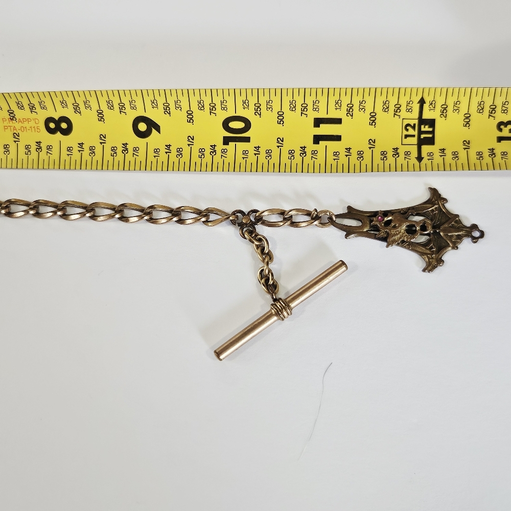 Antique Victorian Art Nouveau Albert Bronze Pocket Watch Chain Dragon Drop Charm - Picture 9 of 9